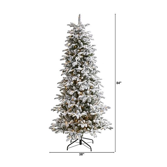 Nearly Natural Flocked Carolina Fir 7 Foot Pre-Lit Flocked Fir Christmas Tree