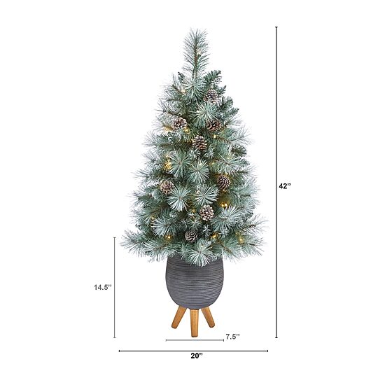 Nearly Natural Frosted Tip 3 1/2 Foot Pre-Lit Flocked Potted Pine Christmas Tree