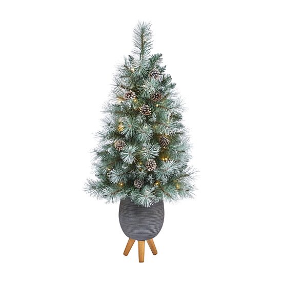 Nearly Natural Frosted Tip 3 1/2 Foot Pre-Lit Flocked Potted Pine Christmas Tree