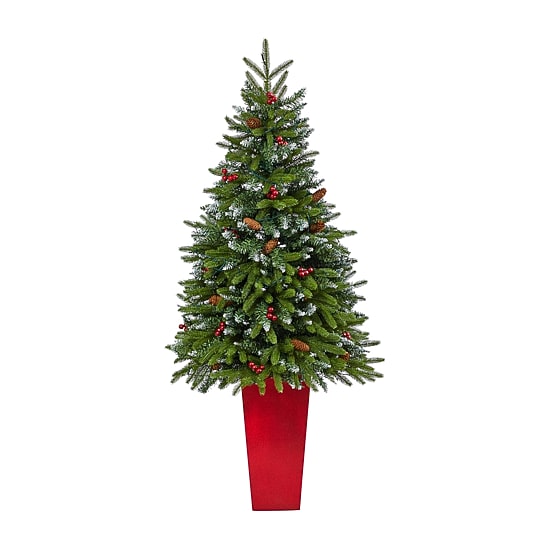 Nearly Natural Snow Tipped Spruce 5 Foot Pre-Lit Flocked Potted Spruce Christmas Tree