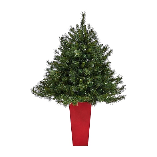 Nearly Natural Red Mixed 4 1/2 Foot Pre-Lit Potted Pine Christmas Tree