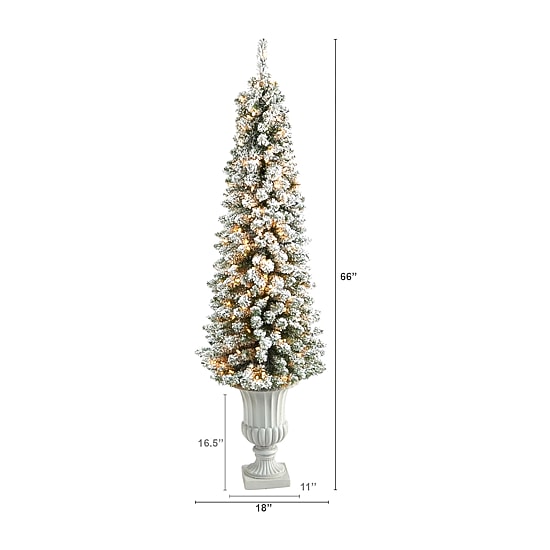 Nearly Natural Flocked Pencil 5 1/2 Foot Pre-Lit Flocked Potted Pine Christmas Tree