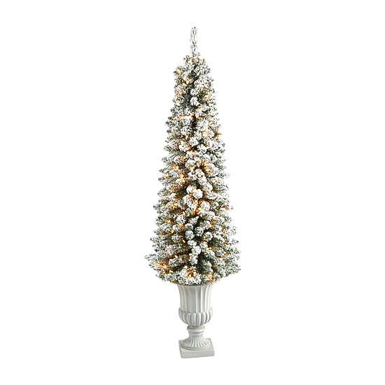 Nearly Natural Flocked Pencil 5 1/2 Foot Pre-Lit Flocked Potted Pine Christmas Tree