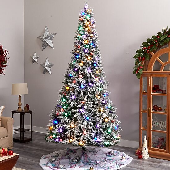 Nearly Natural 9 1/2 Foot Pre-Lit Flocked Fir Christmas Tree