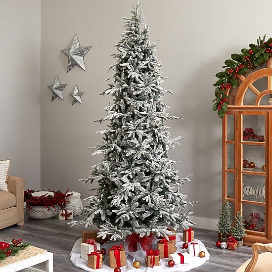 Nearly Natural 9 1/2 Foot Pre-Lit Flocked Spruce Christmas Tree