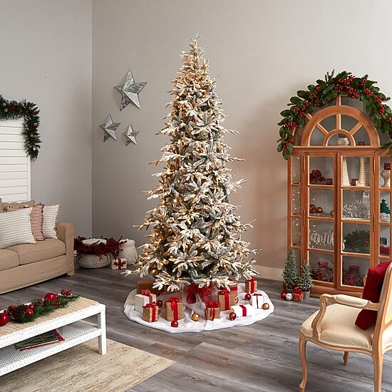 Nearly Natural 9 1/2 Foot Pre-Lit Flocked Spruce Christmas Tree