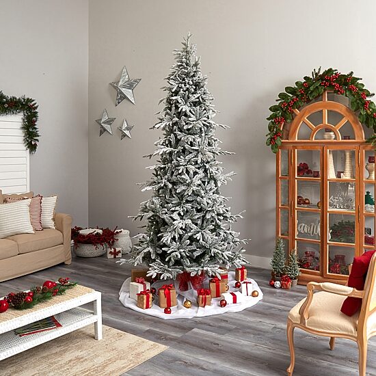Nearly Natural 9 1/2 Foot Pre-Lit Flocked Spruce Christmas Tree