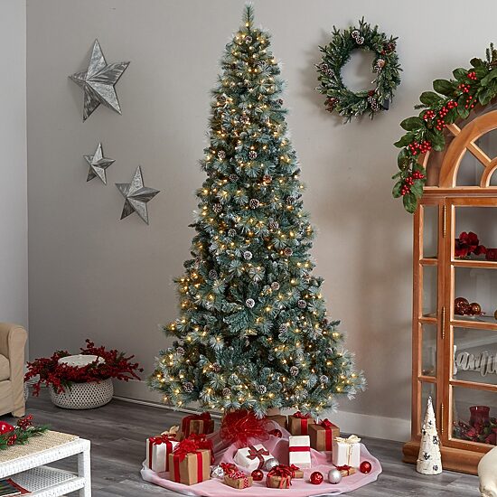 Nearly Natural Frosted 9 Foot Pre-Lit Flocked Pine Christmas Tree