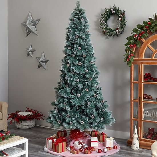 Nearly Natural Frosted 9 Foot Pre-Lit Flocked Pine Christmas Tree