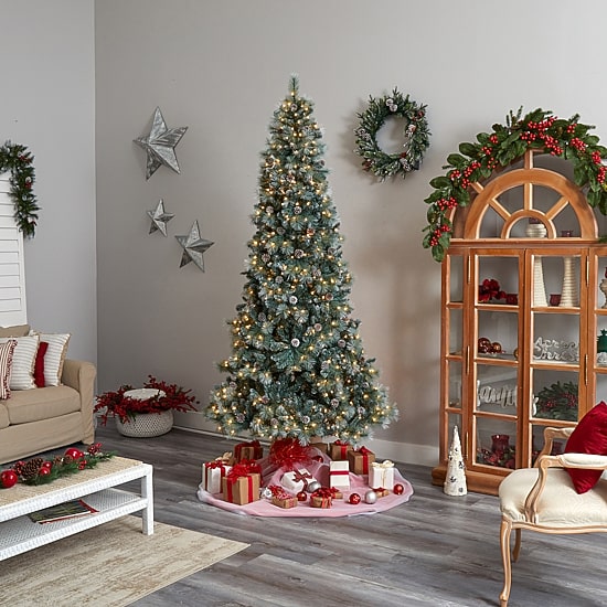 Nearly Natural Frosted 9 Foot Pre-Lit Flocked Pine Christmas Tree