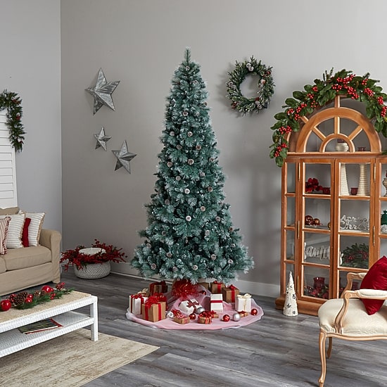 Nearly Natural Frosted 9 Foot Pre-Lit Flocked Pine Christmas Tree