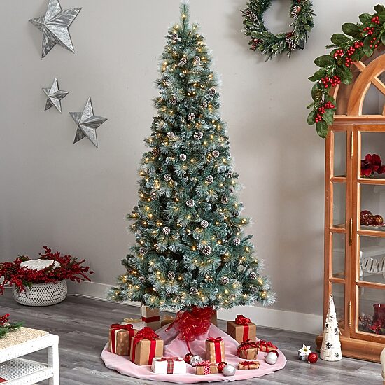 Nearly Natural Frosted 8 Foot Pre-Lit Flocked Pine Christmas Tree