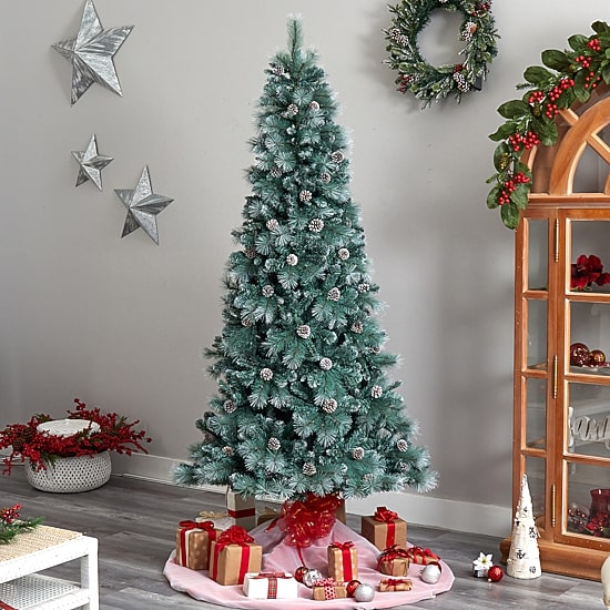 Nearly Natural Frosted 8 Foot Pre-Lit Flocked Pine Christmas Tree