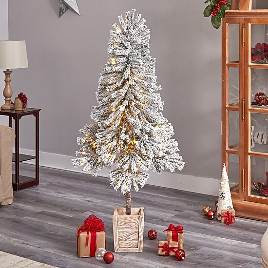 Nearly Natural 5 Foot Pre-Lit Flocked Potted Fir Christmas Tree
