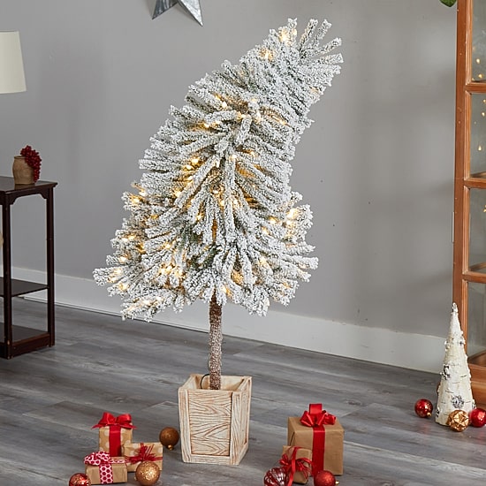 Nearly Natural 5 Foot Pre-Lit Flocked Potted Fir Christmas Tree