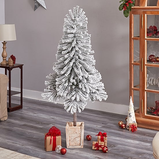 Nearly Natural 5 Foot Pre-Lit Flocked Potted Fir Christmas Tree