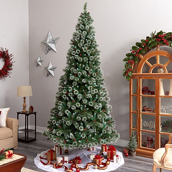 Nearly Natural 10ft Frosted Pine 10 Foot Pre-Lit Flocked Pine Christmas Tree