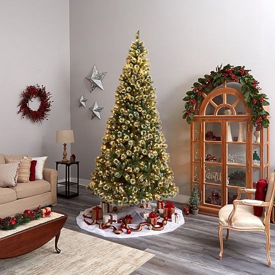 Nearly Natural 10ft Frosted Pine 10 Foot Pre-Lit Flocked Pine Christmas Tree