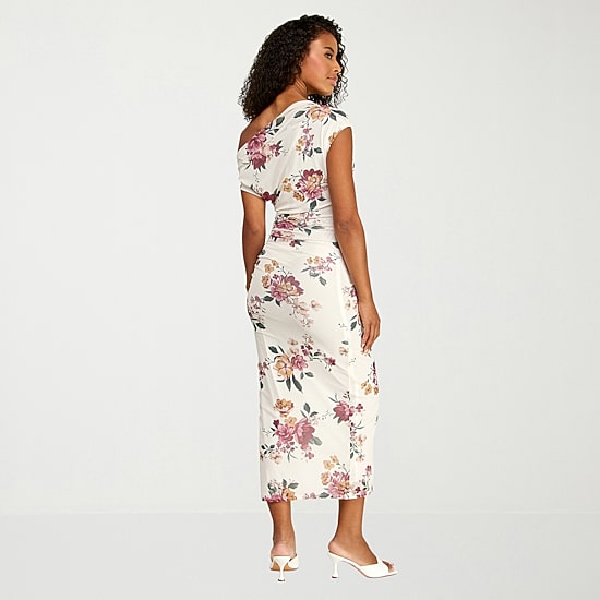 Premier Amour Womens Midi Asymmetrical Neck Sleeveless Floral Sheath Dress