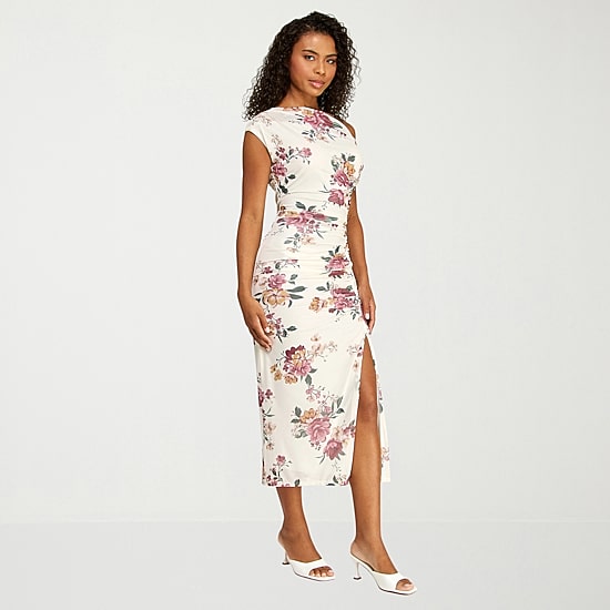 Premier Amour Womens Midi Asymmetrical Neck Sleeveless Floral Sheath Dress