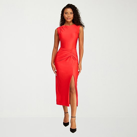 Premier Amour Womens Midi Asymmetrical Neck Sleeveless Sheath Dress