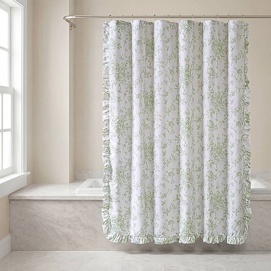 Madison Park Essentials Colette Floral Ruffle Shower Curtain with 12 Roller Ball Hooks