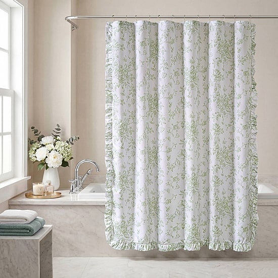 Madison Park Essentials Colette Floral Ruffle Shower Curtain with 12 Roller Ball Hooks