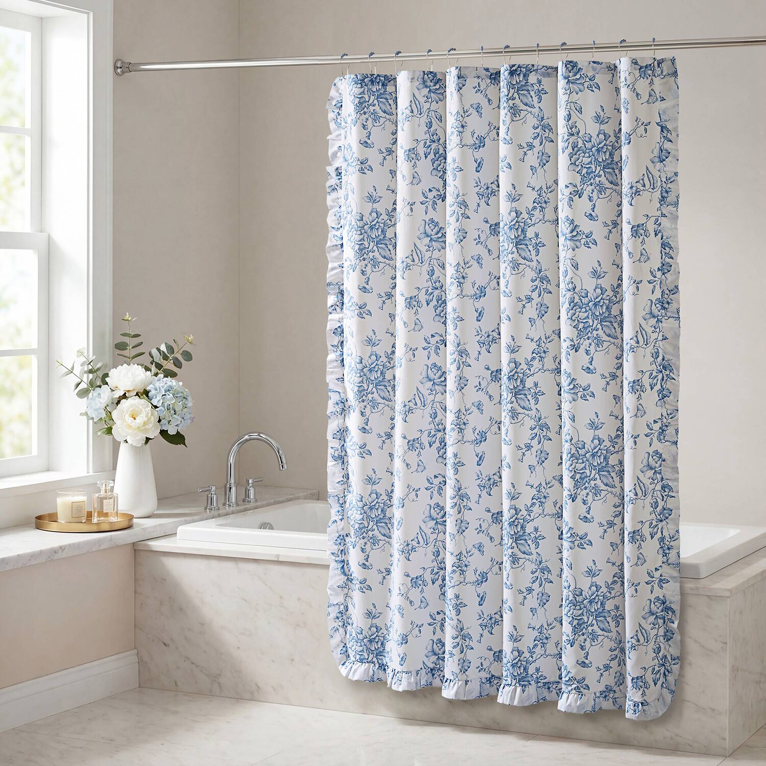 Madison Park Essentials Colette Floral Ruffle Shower Curtain with 12 Roller Ball Hooks