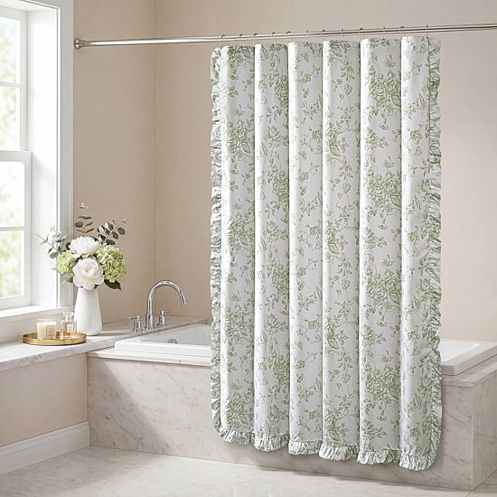 Madison Park Essentials Colette Floral Ruffle Shower Curtain with 12 Roller Ball Hooks