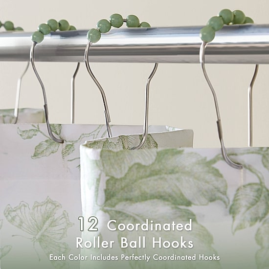 Madison Park Essentials Colette Floral Ruffle Shower Curtain with 12 Roller Ball Hooks