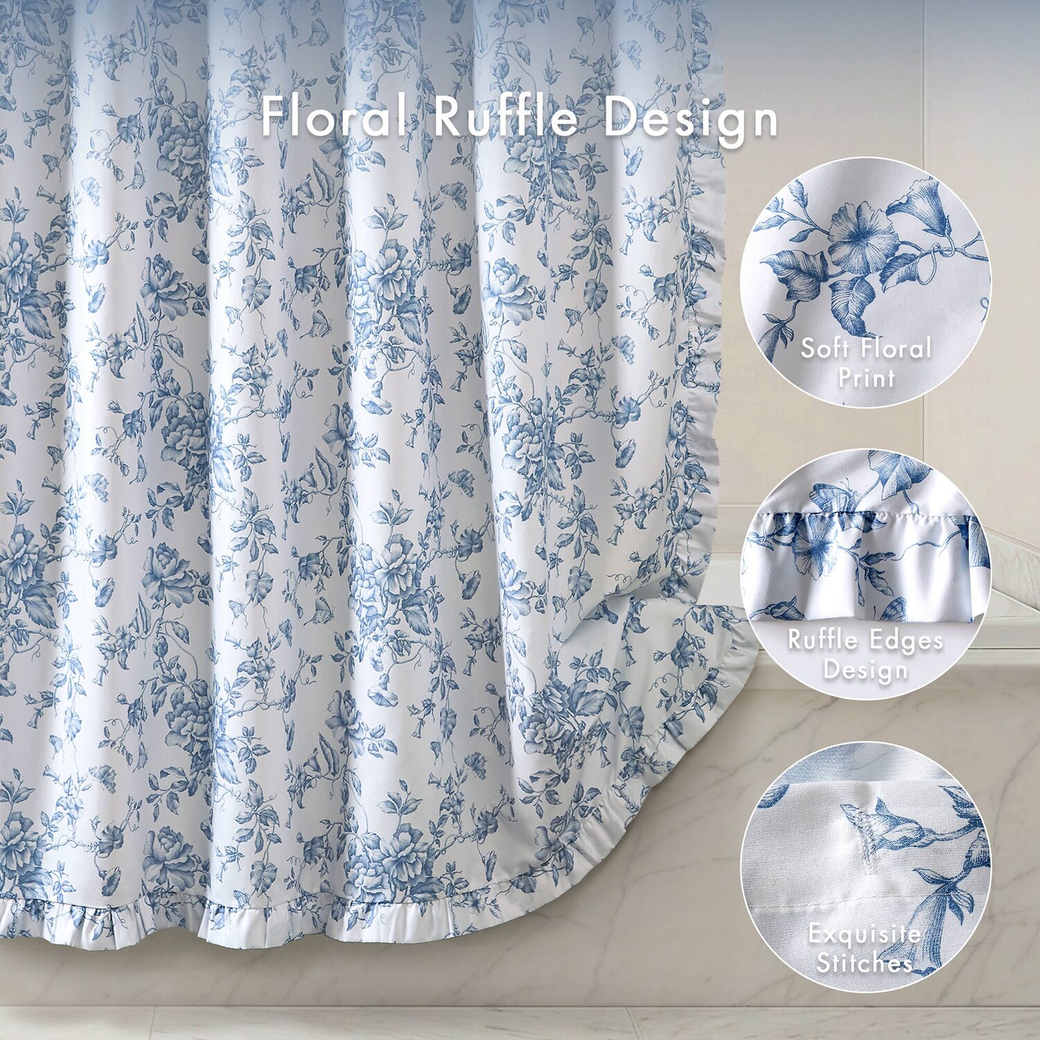 Madison Park Essentials Colette Floral Ruffle Shower Curtain with 12 Roller Ball Hooks