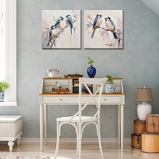 Streamline Art Elegant Bird Silhouettes  Hand Embellished Canvas Art