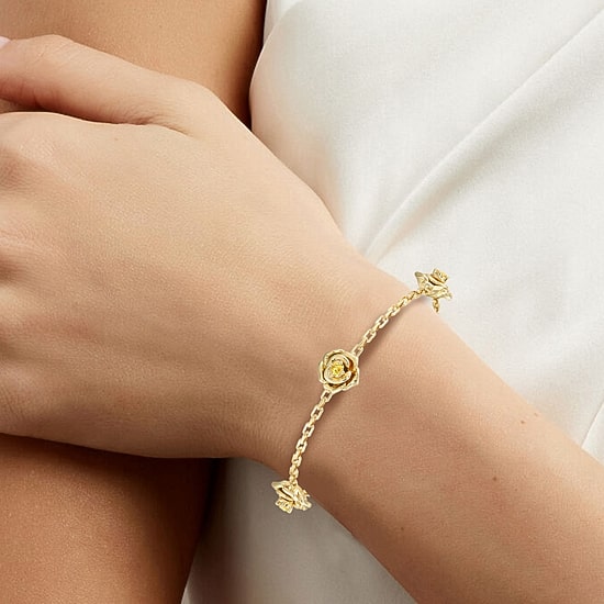Enchanted Disney Fine Jewelry Belle Womens 14K Gold Over Silver 7 Inch Herringbone Beauty and the Beast Belle Princess Chain Bracelet