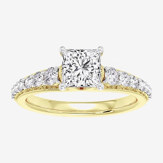 (F / Vs2) Womens 2 CT. T.W. Lab Grown White Diamond 10K Gold Side Stone Engagement Ring