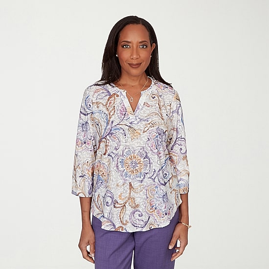 Alfred Dunner Grand Bazaar Womens Split Crew Neck 3/4 Sleeve T-Shirt