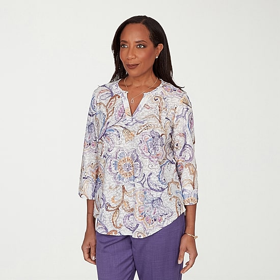 Alfred Dunner Grand Bazaar Womens Split Crew Neck 3/4 Sleeve T-Shirt