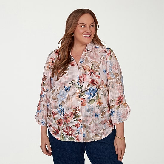 Alfred Dunner Camden Market Womens 3/4 Sleeve Regular Fit Button-Down Shirt
