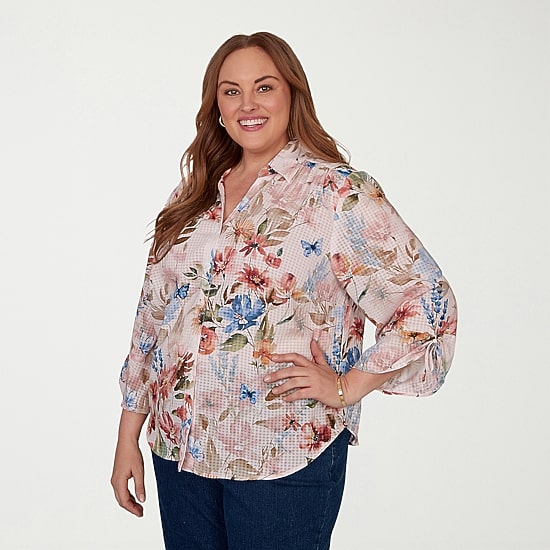Alfred Dunner Camden Market Womens 3/4 Sleeve Regular Fit Button-Down Shirt
