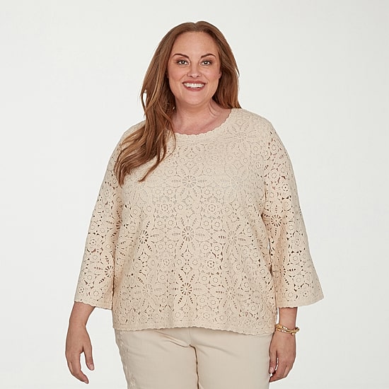 Alfred Dunner Camden Market Womens Crew Neck 3/4 Sleeve Lined Blouse