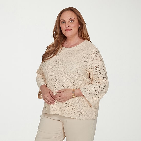 Alfred Dunner Camden Market Womens Crew Neck 3/4 Sleeve Lined Blouse