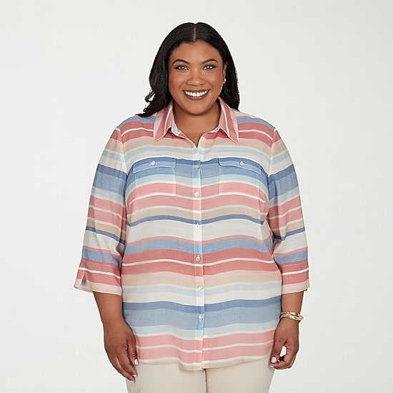 Alfred Dunner Camden Market Womens Cuffed 3/4 Sleeve Regular Fit Button-Down Shirt