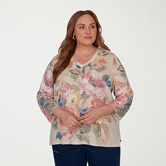 Alfred Dunner Camden Market Womens V Neck 3/4 Sleeve T-Shirt