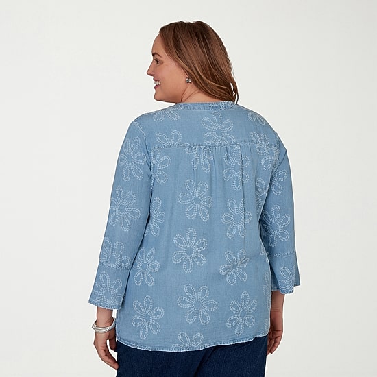 Alfred Dunner Camden Market Womens Split Crew Neck 3/4 Sleeve Blouse