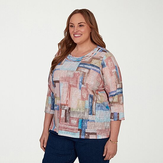Alfred Dunner Camden Market Womens Crew Neck 3/4 Sleeve T-Shirt
