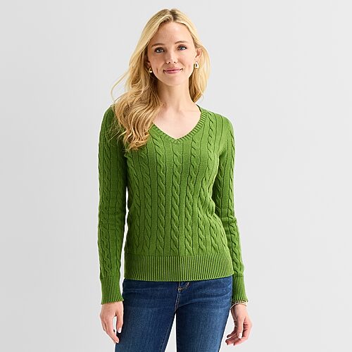 St. John's Bay Tall Womens V Neck Long Sleeve Cable Knit Pullover Sweater In Green