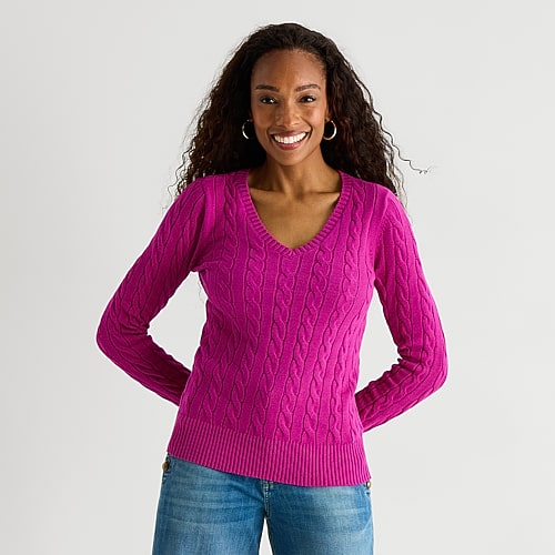 St. John's Bay Tall Womens V Neck Long Sleeve Cable Knit Pullover Sweater In Pink