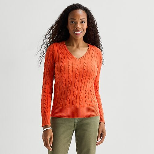 St. John's Bay Tall Womens V Neck Long Sleeve Cable Knit Pullover Sweater In Orange