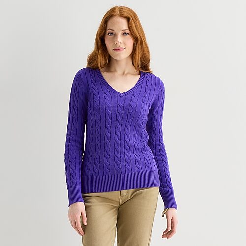 St. John's Bay Tall Womens V Neck Long Sleeve Cable Knit Pullover Sweater In Purple