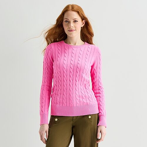 St. John's Bay Tall Womens Crew Neck Long Sleeve Cable Knit Pullover Sweater In Pink