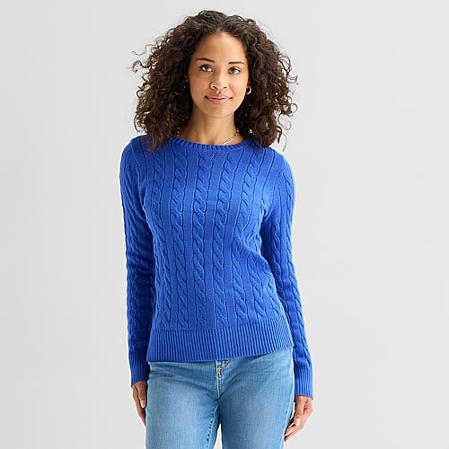 St. John's Bay Tall Womens Crew Neck Long Sleeve Cable Knit Pullover Sweater In Blue